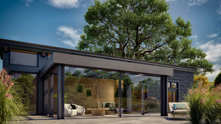 Auf dem Bild ist ein modernes Haus in Dülmen zu sehen, welches einen Sommergarten Plus von Suntec Sonnenschutz aus Coesfeld im Garten hat. Dadurch kann der Kunde die langen Sommerabende und den Sonnenuntergang genießen.